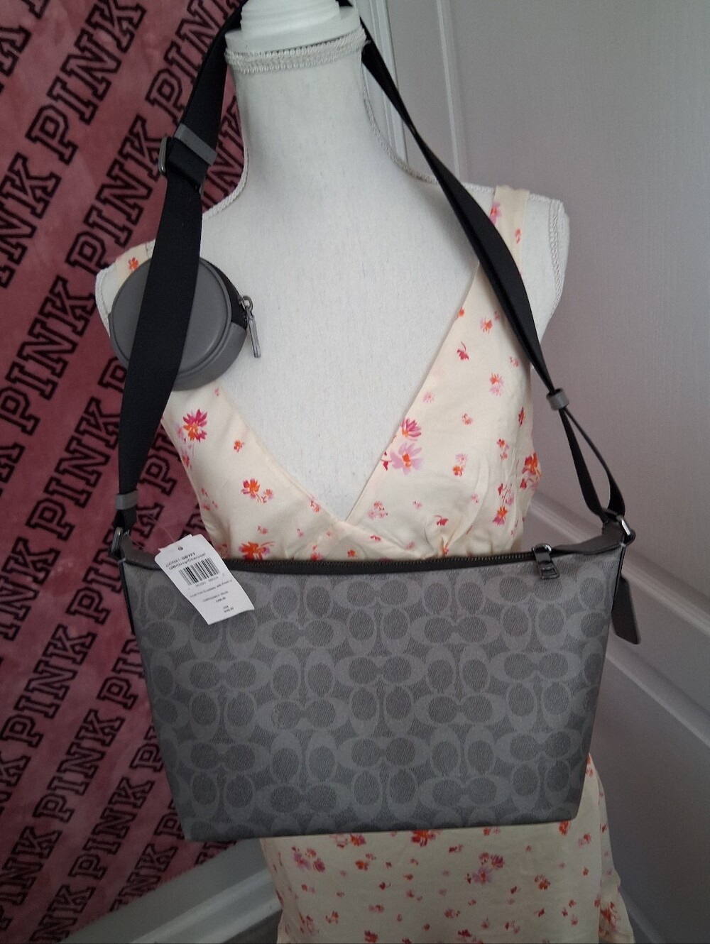 Small Finn Coach Signature Jacquard Crossbody Bag in Gray With Pouch